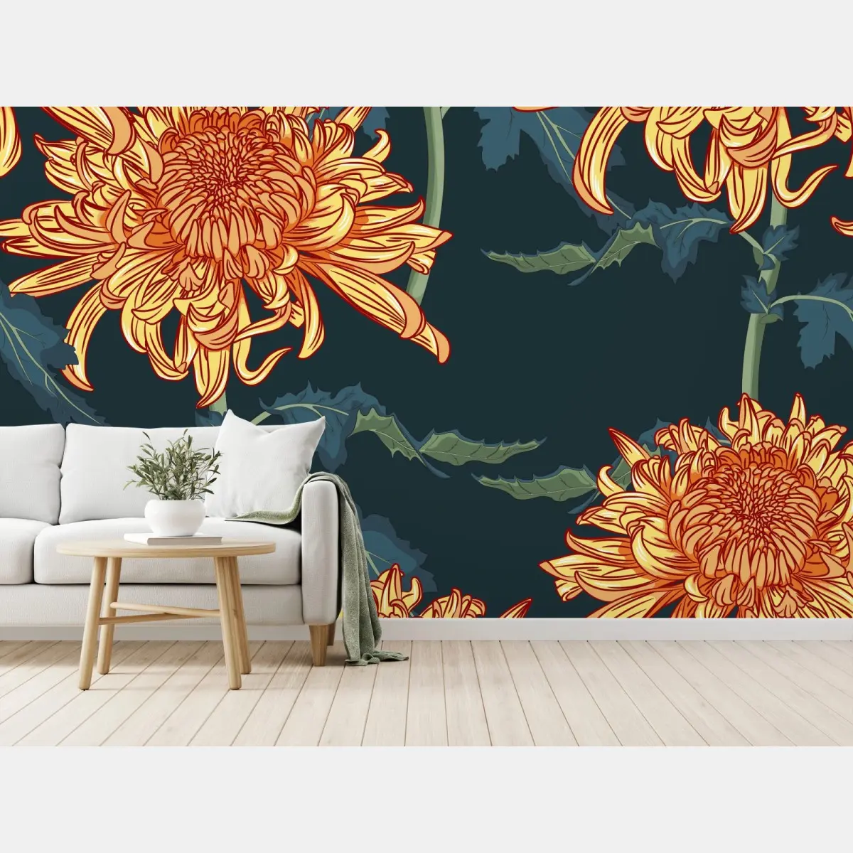 Fototapete goldene chrysantheme botanisches muster – Pixers®