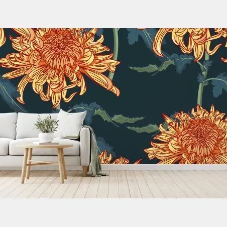 Fototapete goldene chrysantheme botanisches muster – Pixers®