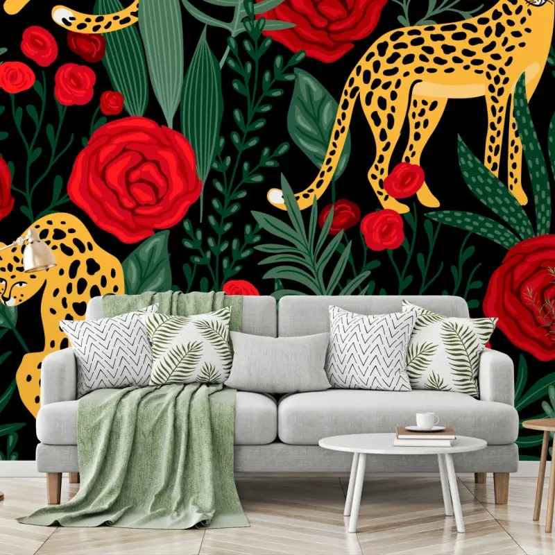 Fototapete exotisches muster mit leoparden und rosen