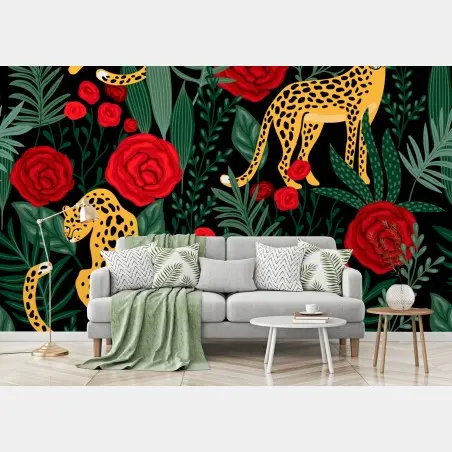 Fototapete exotisches muster mit leoparden und rosen – Pixers®