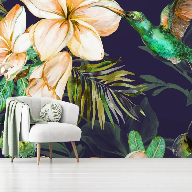 Fototapete tropische kolibris und plumeria in aquarell