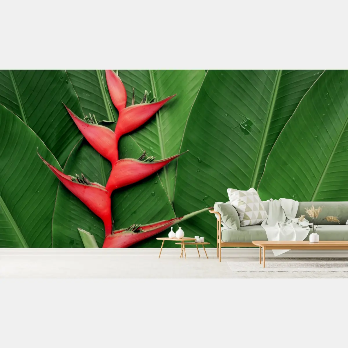 Fototapete leuchtende heliconia auf tropischen blättern – Pixers®