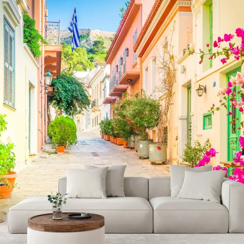 Fototapete sonnige griechische gasse mit bougainvillea
