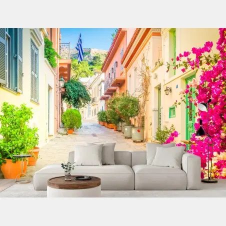 Fototapete sonnige griechische gasse mit bougainvillea – Pixers®