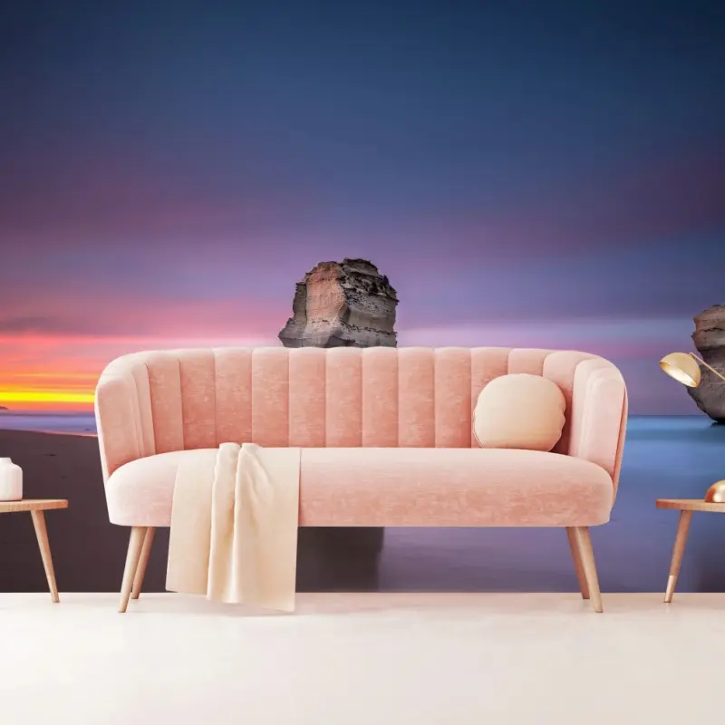 Fototapete ruhige küstenlandschaft mit felsformationen bei sonnenuntergang