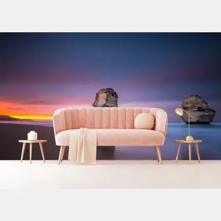 Fototapete ruhige küstenlandschaft mit felsformationen bei sonnenuntergang – Pixers®