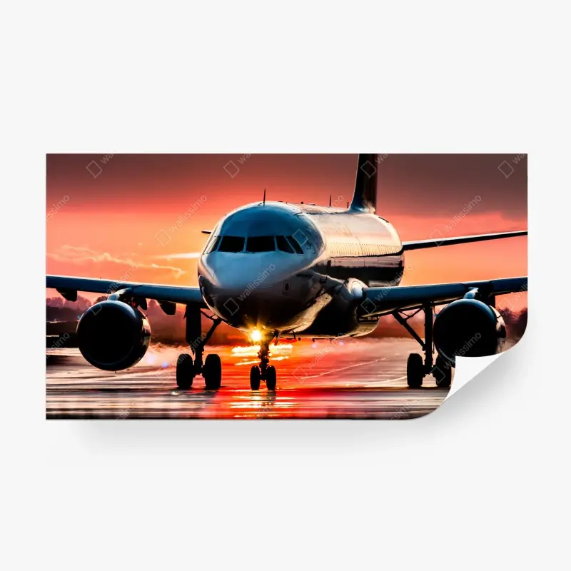 Fototapete jet im sonnenuntergang auf der startbahn
