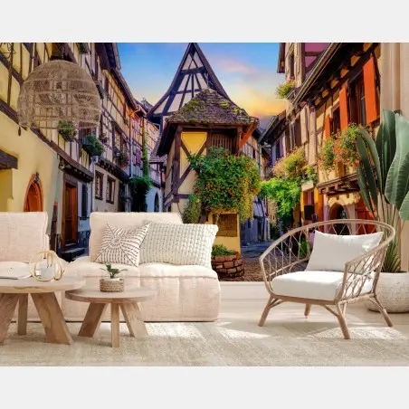Fototapete malerische fachwerkstraße in Eguisheim, Elsass – Pixers®