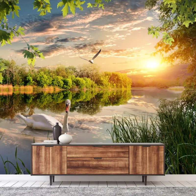 Fototapete sonnenuntergang mit schwan auf stillem see