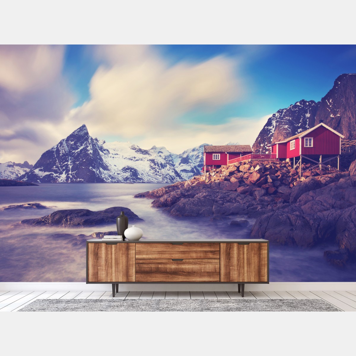 Fototapete küstengebirge mit roten hütten – Pixers®