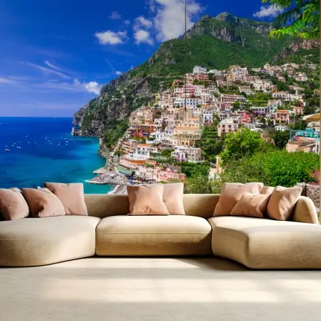 Fototapete sonnige panoramaaufnahme von Positano an der Amalfiküste