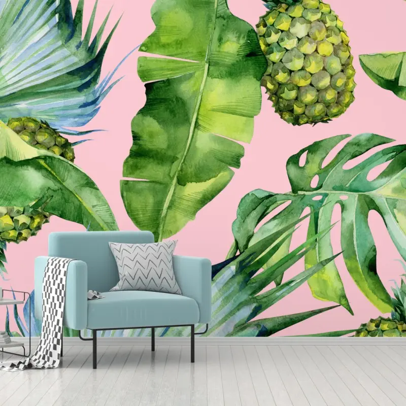 Fototapete tropisches ananas- und blattmuster in aquarell auf rosa hintergrund