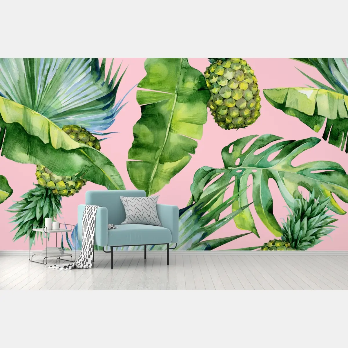 Fototapete tropisches ananas- und blattmuster in aquarell auf rosa hintergrund – Pixers®