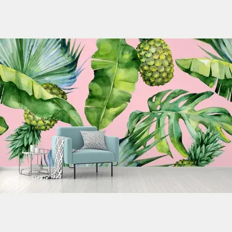 Fototapete tropisches ananas- und blattmuster in aquarell auf rosa hintergrund – Pixers®