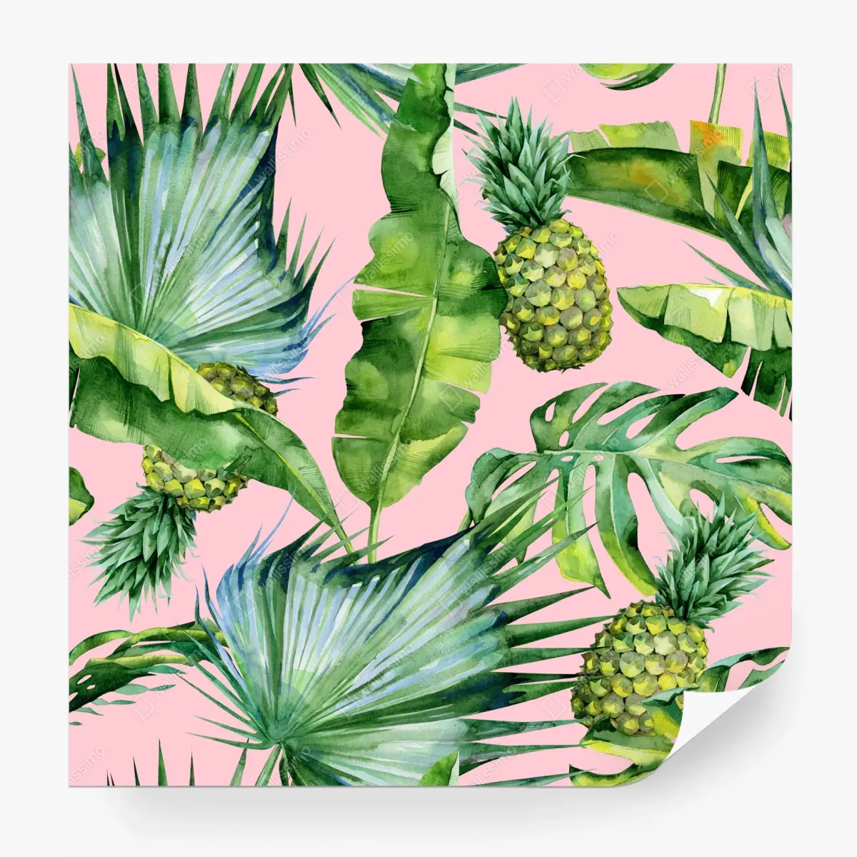 Fototapete tropisches ananas- und blattmuster in aquarell auf rosa hintergrund – Pixers®