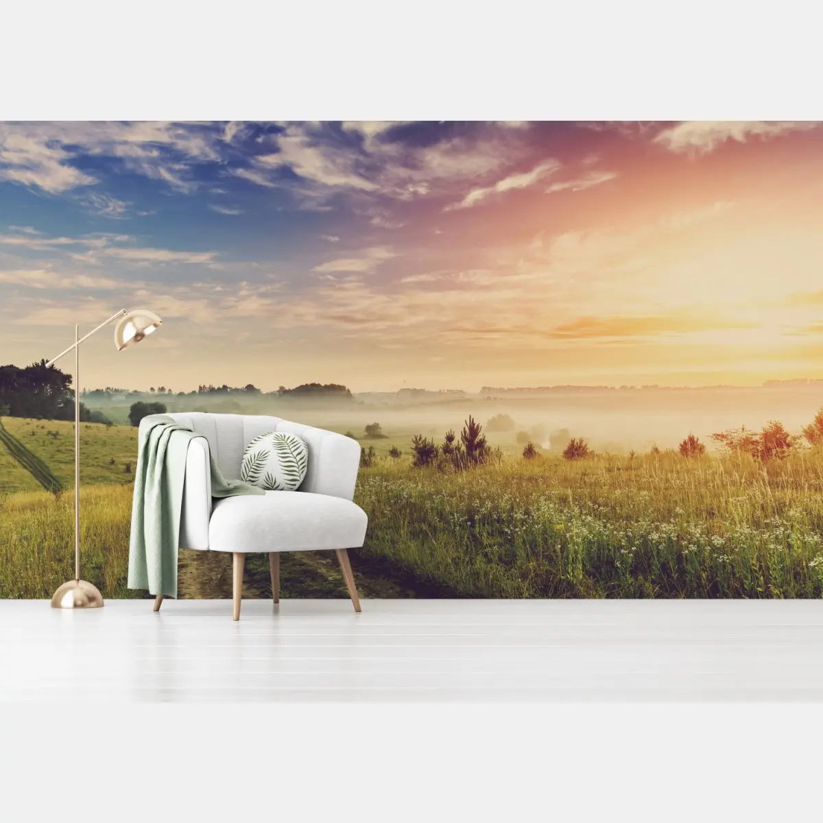 Fototapete nebeliger sonnenaufgang über einer ländlichen wiese – Pixers®