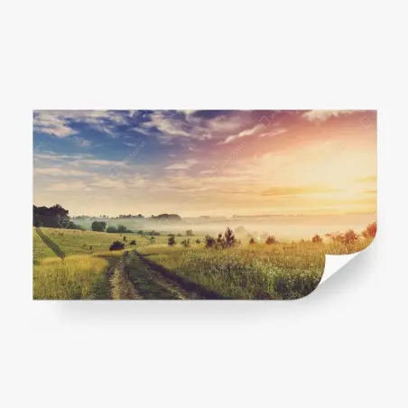 Fototapete nebeliger sonnenaufgang über einer ländlichen wiese – Pixers®