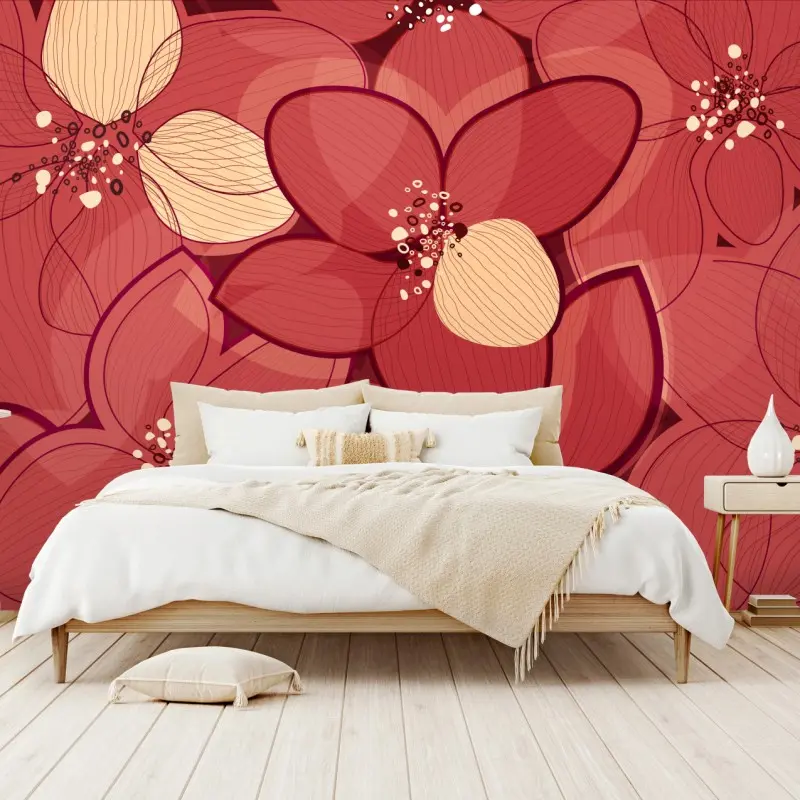Fototapete rotes blumenmuster mit beigen mittelpunkten