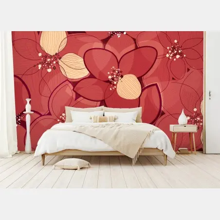 Fototapete rotes blumenmuster mit beigen mittelpunkten – Pixers®