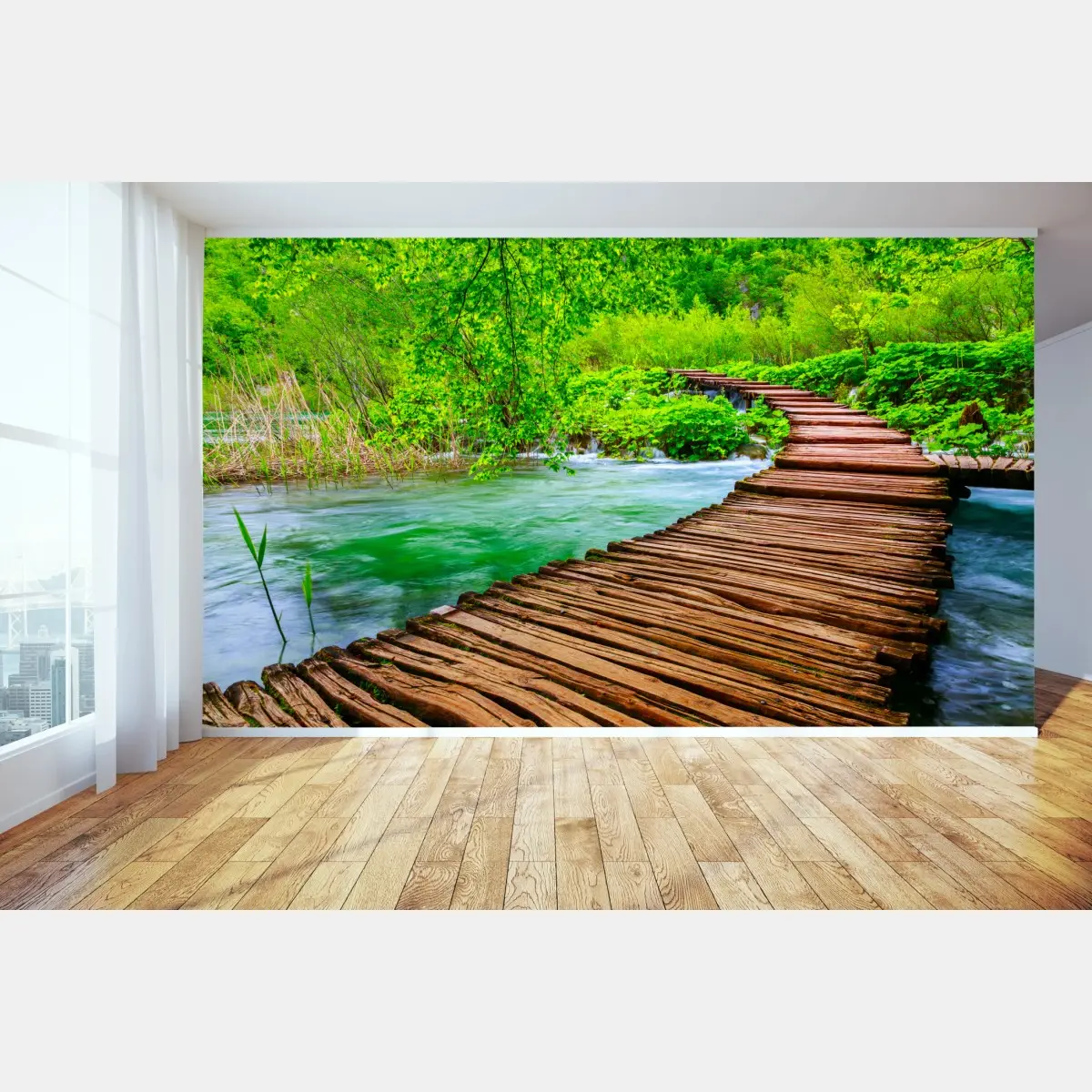 Fototapete ruhiger grüner steg über dem fluss – Pixers®