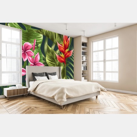 Fototapete tropisches hibiskus- und plumeria-blumenmuster – Pixers®