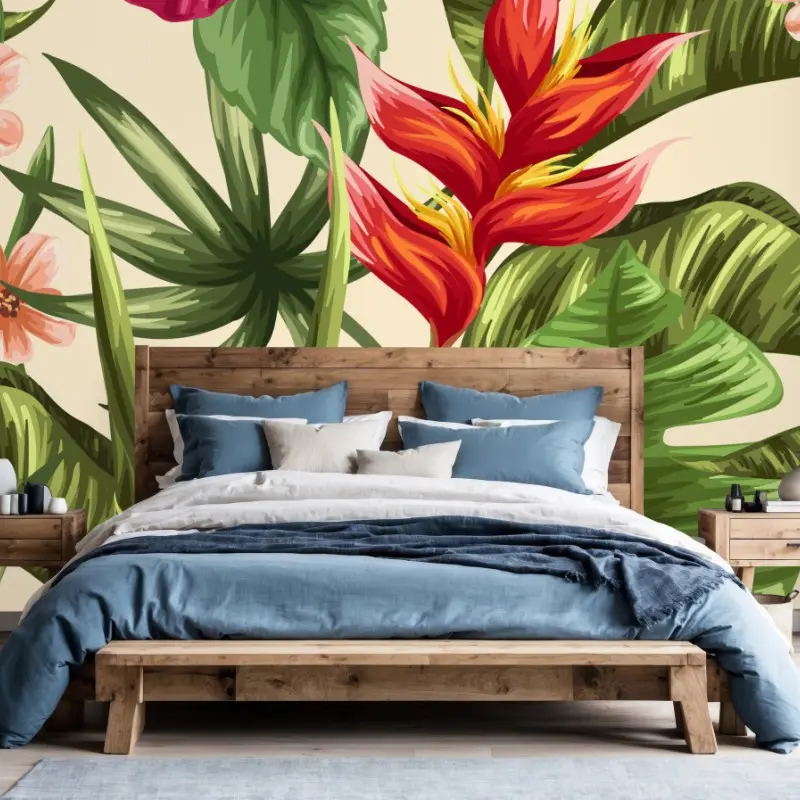 Fototapete tropisches blumenmuster mit hibiskus und plumeria