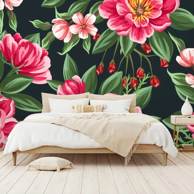 Fototapete rosa aquarell blumenmuster auf dunklem hintergrund