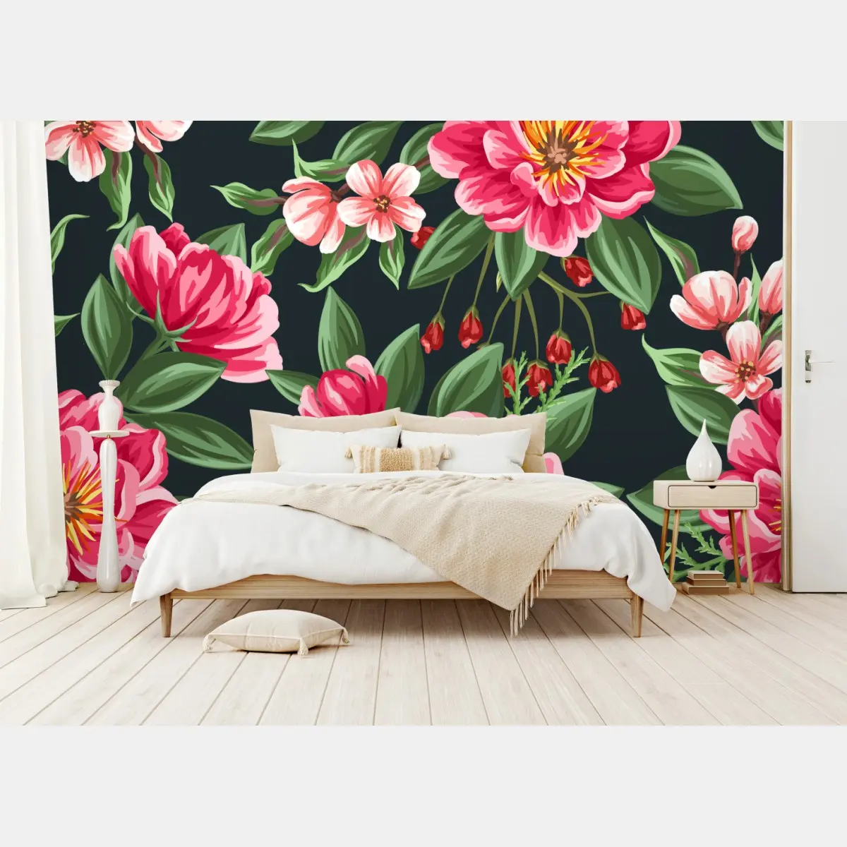 Fototapete rosa aquarell blumenmuster auf dunklem hintergrund – Pixers®
