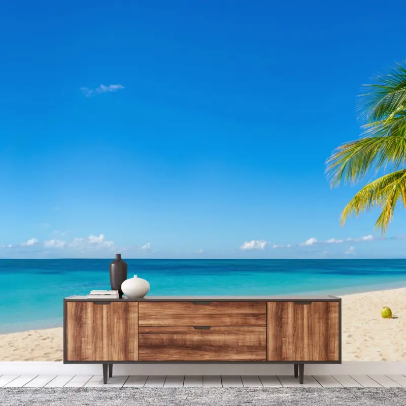 Fototapete tropischer strand mit türkiswasser und palme