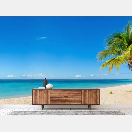 Fototapete tropischer strand mit türkiswasser und palme – Pixers®