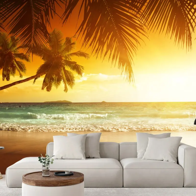 Fototapete goldener sonnenuntergang an einem strand in der Karibik