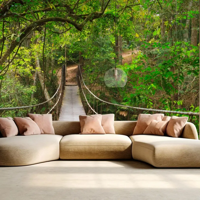 Fototapete hängende holzbrücke im grünen wald