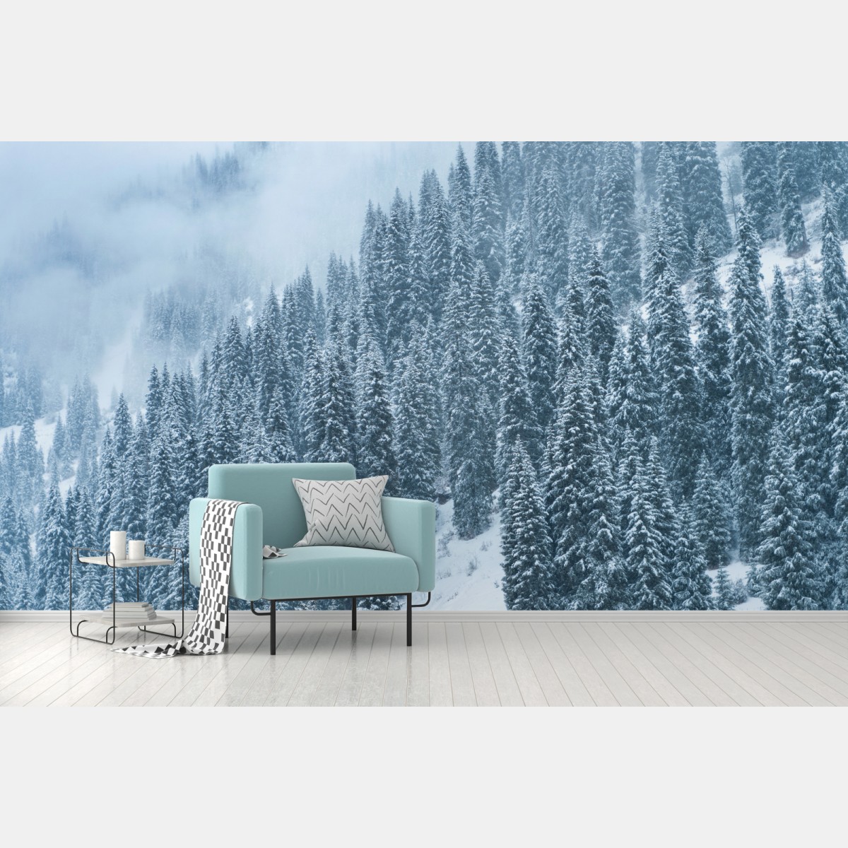 Fototapete nebeliger schneebedeckter kiefernwald – Pixers®