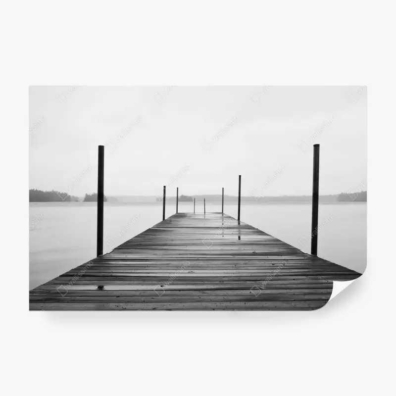 Fototapete nebliger steg am see in monochrom