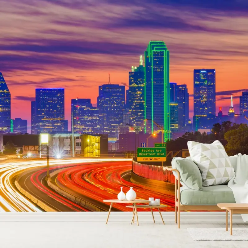 Fototapete panorama von Dallas bei sonnenuntergang mit lichtspuren auf der autobahn