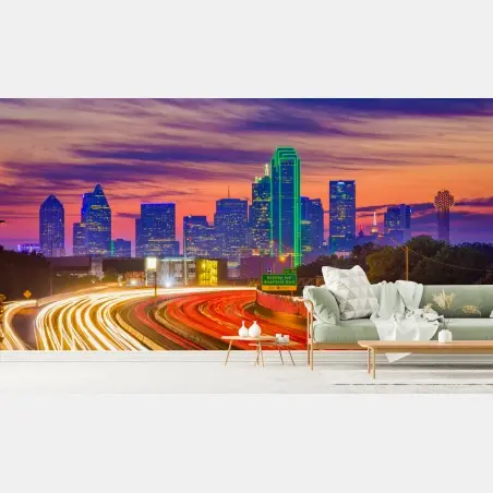 Fototapete panorama von Dallas bei sonnenuntergang mit lichtspuren auf der autobahn – Pixers®