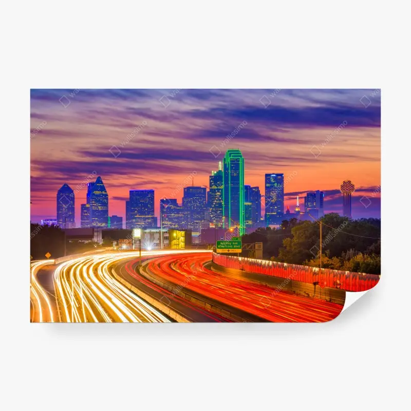 Fototapete panorama von Dallas bei sonnenuntergang mit lichtspuren auf der autobahn