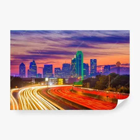 Fototapete panorama von Dallas bei sonnenuntergang mit lichtspuren auf der autobahn – Pixers®