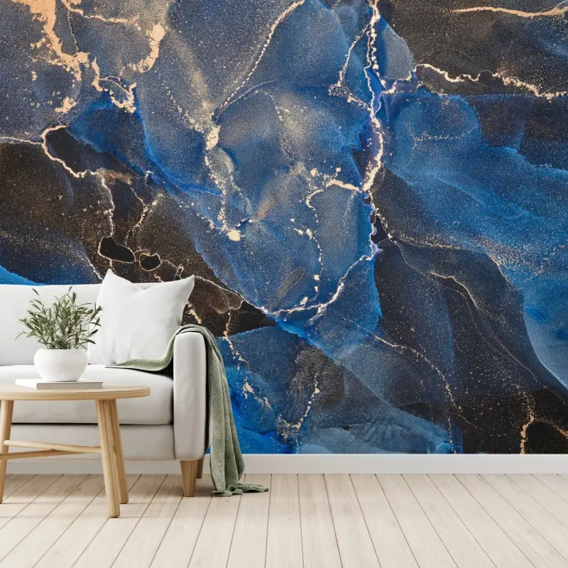 Fototapete luxuriöse blaue und goldene abstrakte wellen