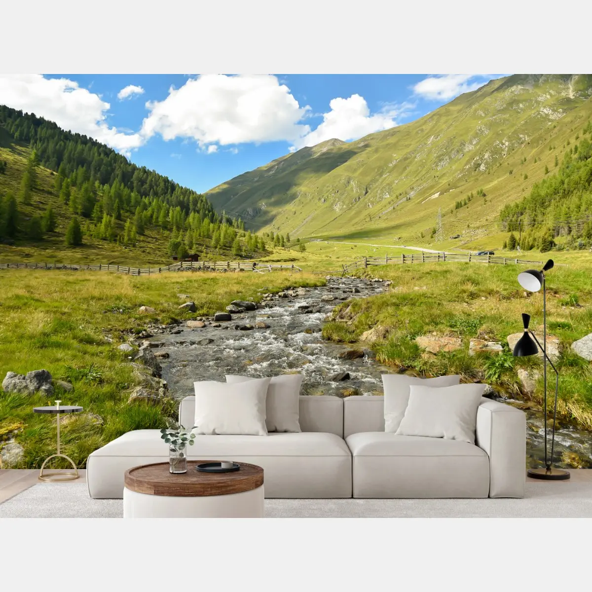 Fototapete alpenbach im sonnigen tal – Pixers®