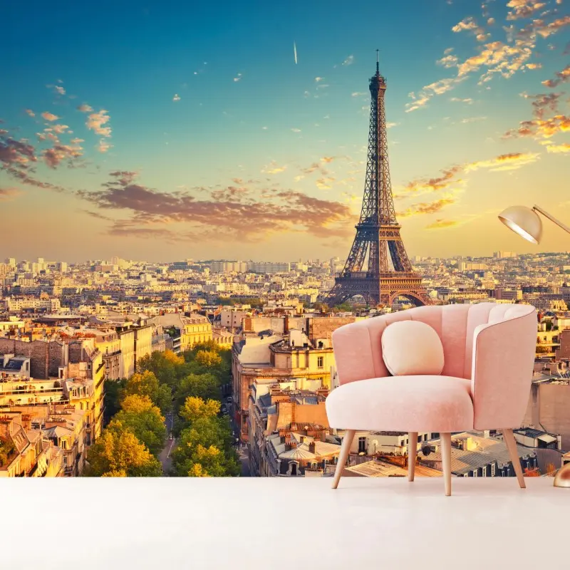 Fototapete sonnenuntergang über Paris skyline mit eiffelturm
