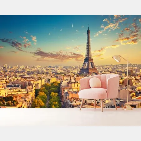 Fototapete sonnenuntergang über Paris skyline mit eiffelturm – Pixers®