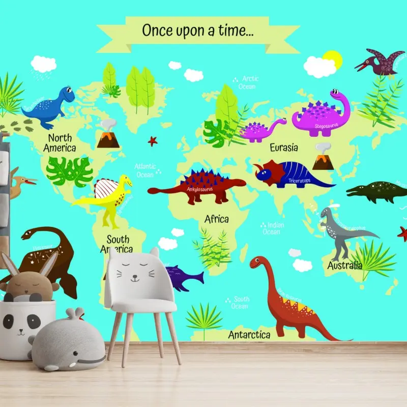 Fototapete bunte weltkarte mit dinosauriern