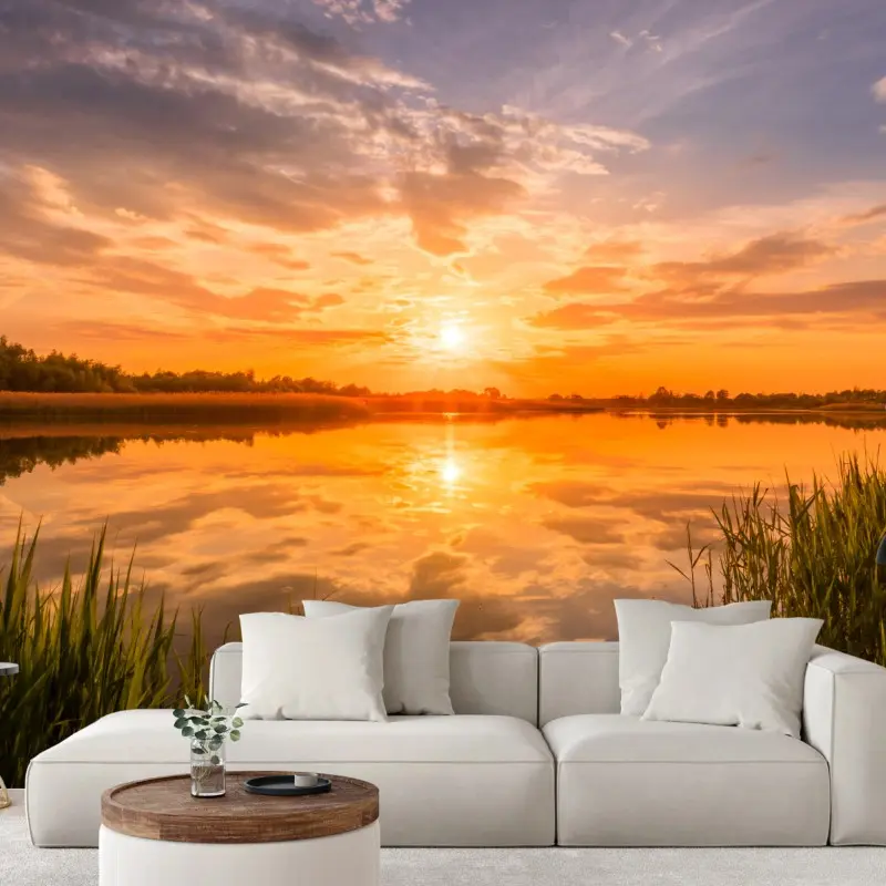 Fototapete goldener sonnenuntergang über idyllischem see