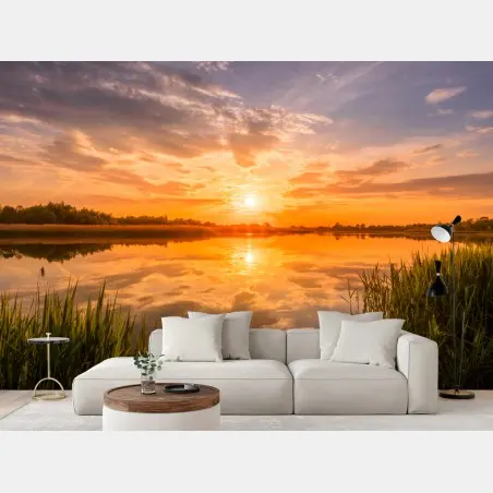 Fototapete goldener sonnenuntergang über idyllischem see – Pixers®
