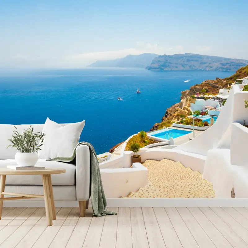 Fototapete Santorini küstenblick mit weißer architektur