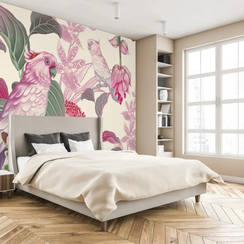 Fototapete rosa papagei und chrysantheme - botanisches motiv