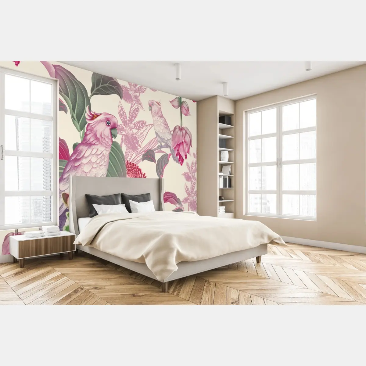 Fototapete rosa papagei und chrysantheme - botanisches motiv – Pixers®