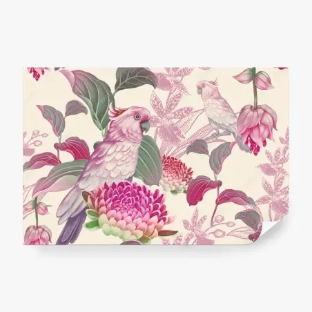 Fototapete rosa papagei und chrysantheme - botanisches motiv – Pixers®