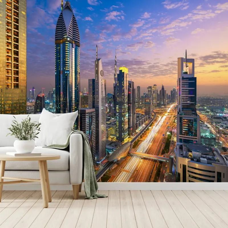 Fototapete stadtszene Dubais bei dämmerung